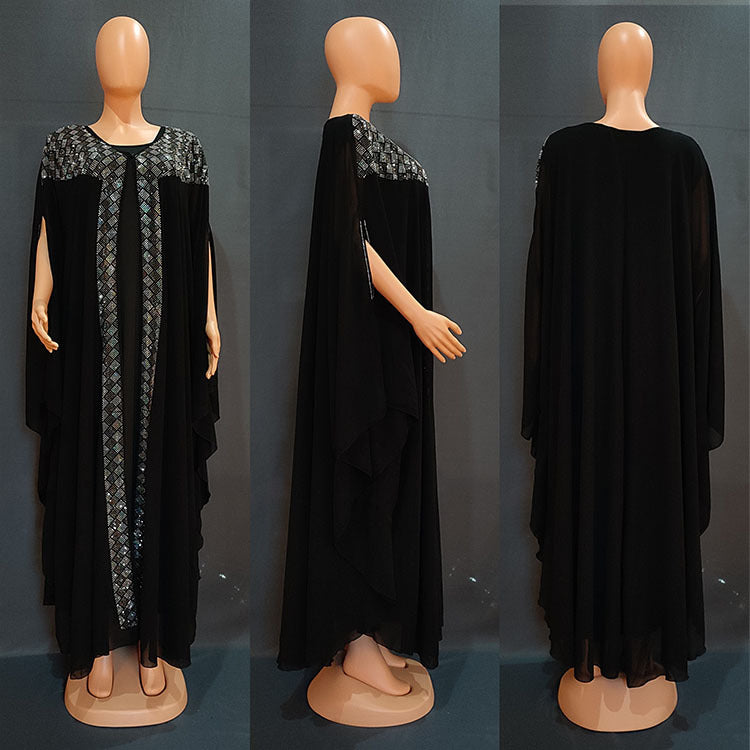Cross-Border African, European, and American Dresses, Robes, Pearl Chiffon, Heavy-Duty Rhinestone Embellishments, Factory Direct + Inner Skirt