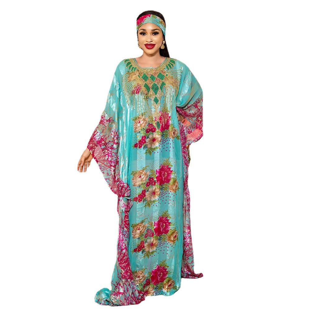 Cross-border AliExpress Independent Station African Ethnic Style Large Swing Dress Chiffon Hot Drilling Beads with Elastic Inner Skirt