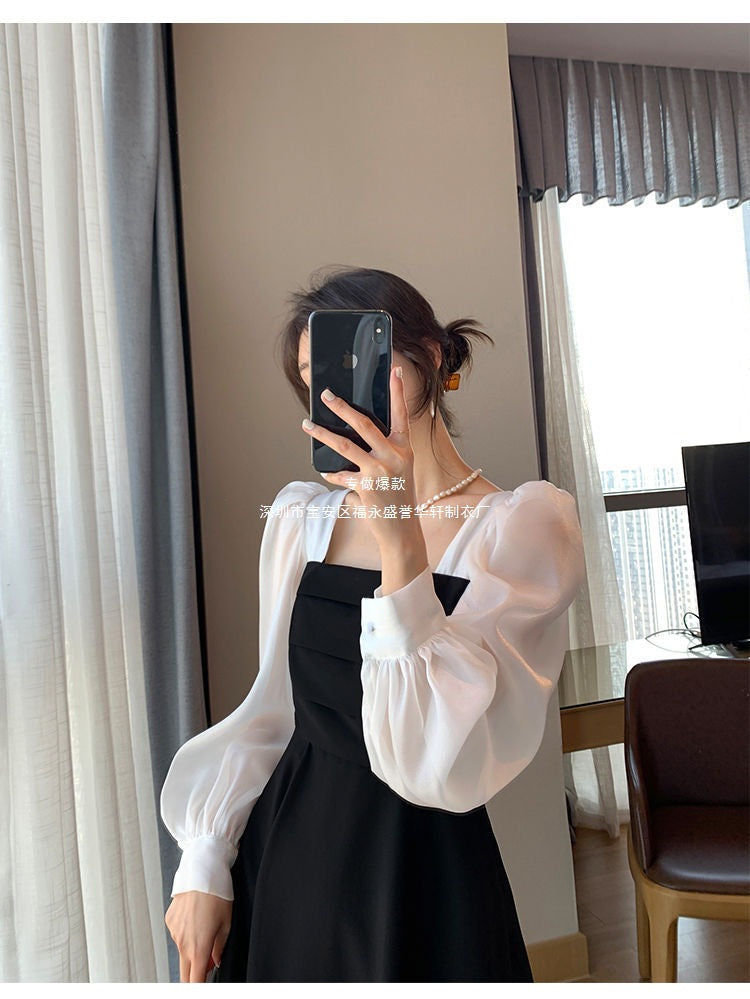 Long-sleeved Black Fried Street Hao Benfeng dress Women's New Spring and Autumn Stitching Square Collar French Skirt Vintage A- line Skirt
