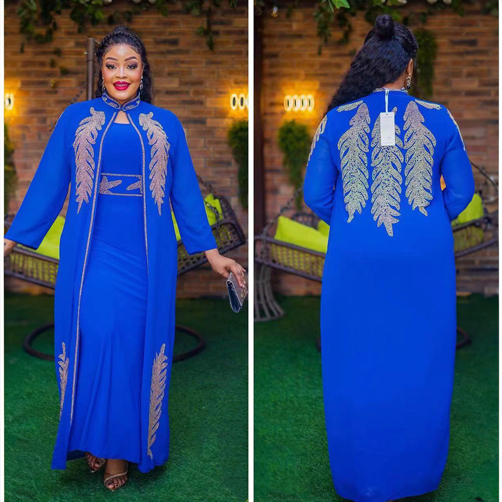 African Dress 2-Piece Set with Expensive Front and Back Rhinestones, Stand Collar, Long Sleeves, Solid Color Cardigan