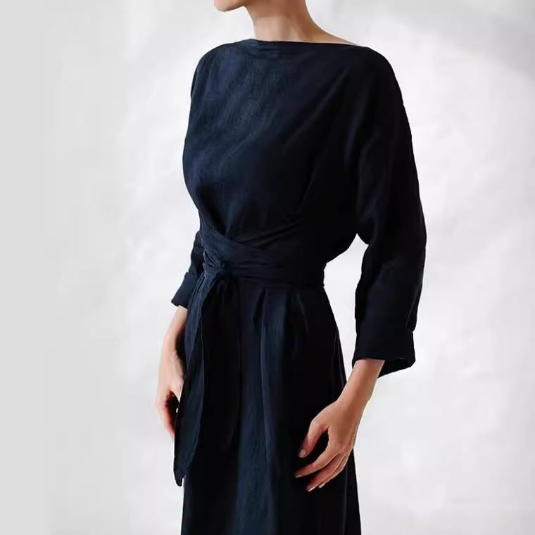 2023 new cotton and linen dress long sleeve off-neck lace-up dress