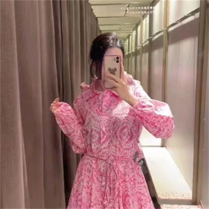 Cross-Border Wholesale Foreign Trade European and American Women's Clothing 2022 Summer Lace-Up Printed Long-Sleeved Shirt-Style Dress European and American Style