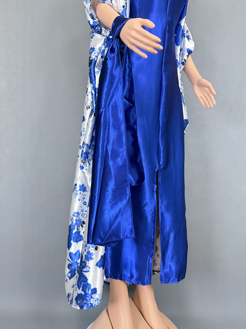Cross-Border Aliexpress Plus-Size Women's Ethnic Style Robe African Amazon Color-Blocking Printed Dress 9038