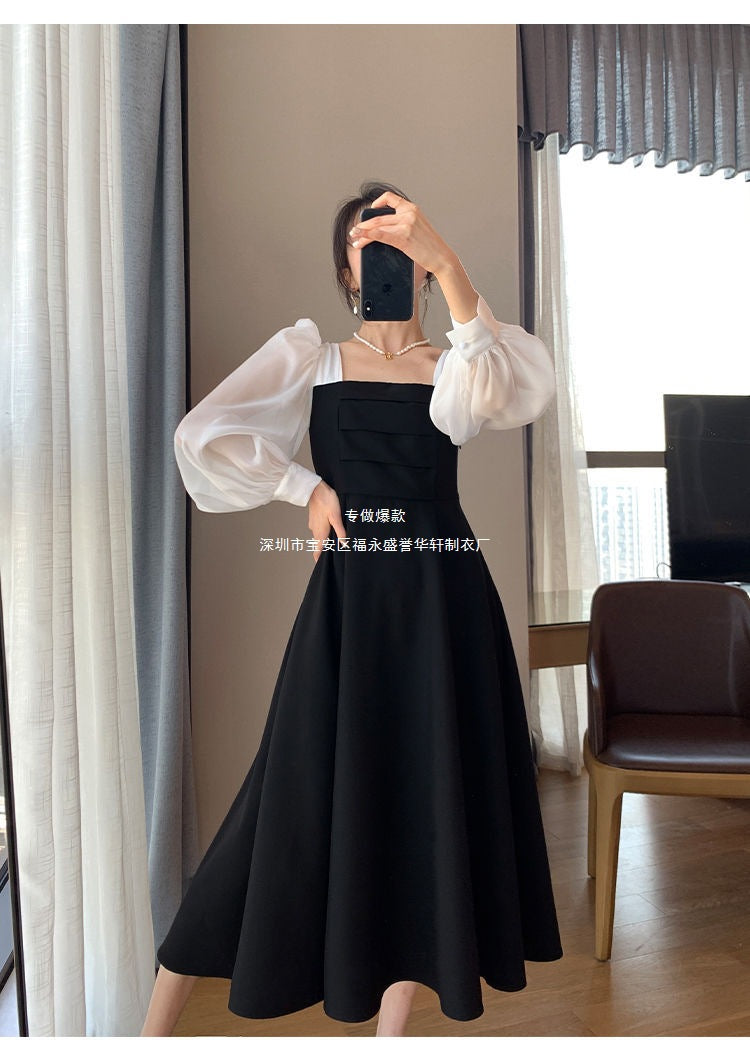 Long-sleeved Black Fried Street Hao Benfeng dress Women's New Spring and Autumn Stitching Square Collar French Skirt Vintage A- line Skirt