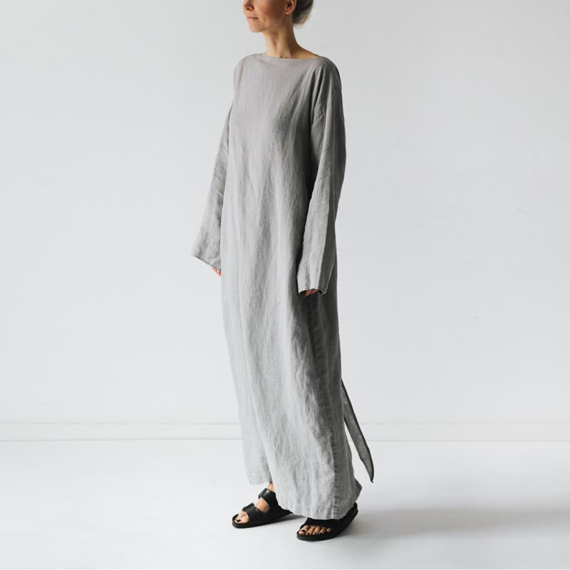 2023 new cotton and linen dress long sleeve off-neck lace-up dress