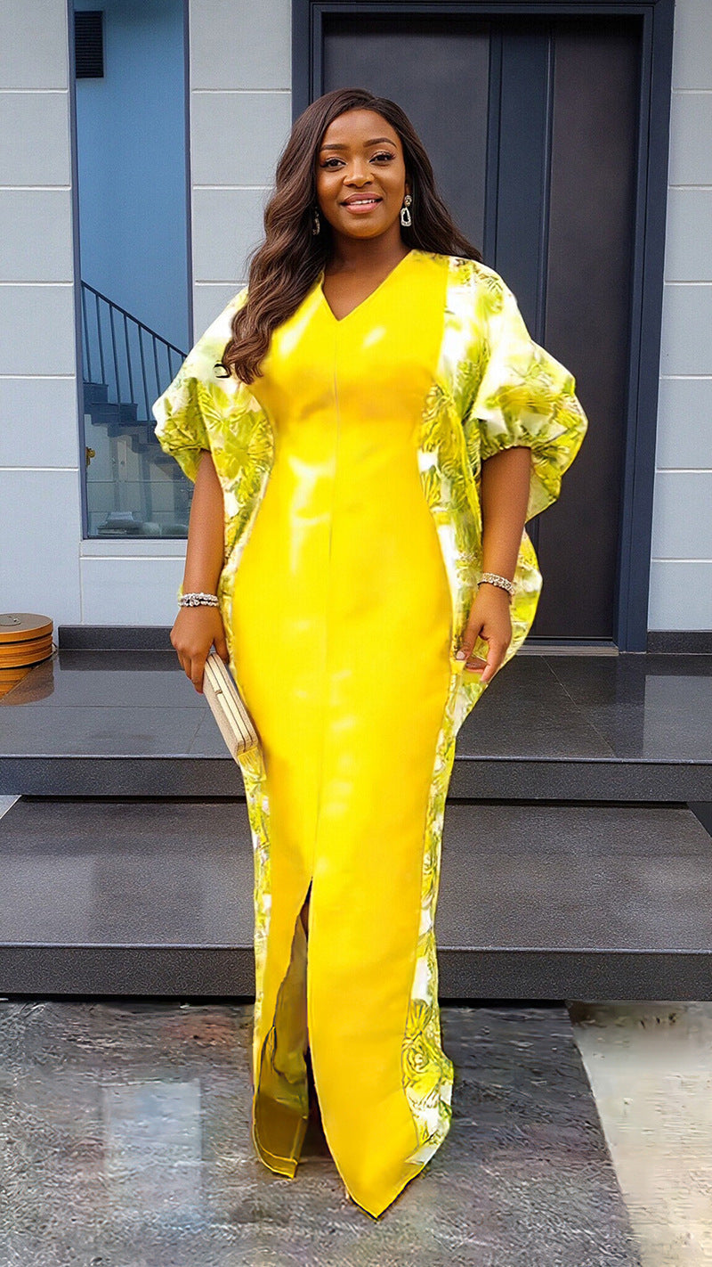 Cross-Border Aliexpress Plus-Size Women's Ethnic Style Robe African Amazon Color-Blocking Printed Dress 9038