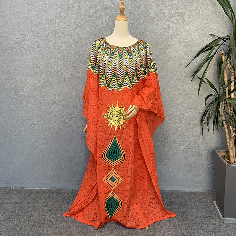 Cross-border supply of African cotton hollow embroidery high-end plus size fashion women's dress clearance