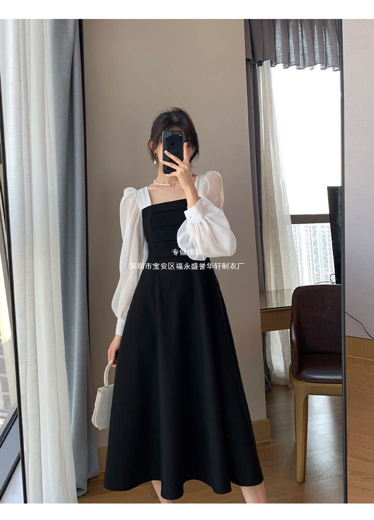 Long-sleeved Black Fried Street Hao Benfeng dress Women's New Spring and Autumn Stitching Square Collar French Skirt Vintage A- line Skirt