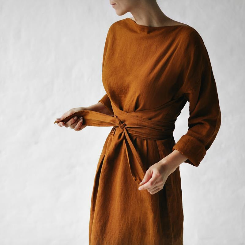 2023 new cotton and linen dress long sleeve off-neck lace-up dress