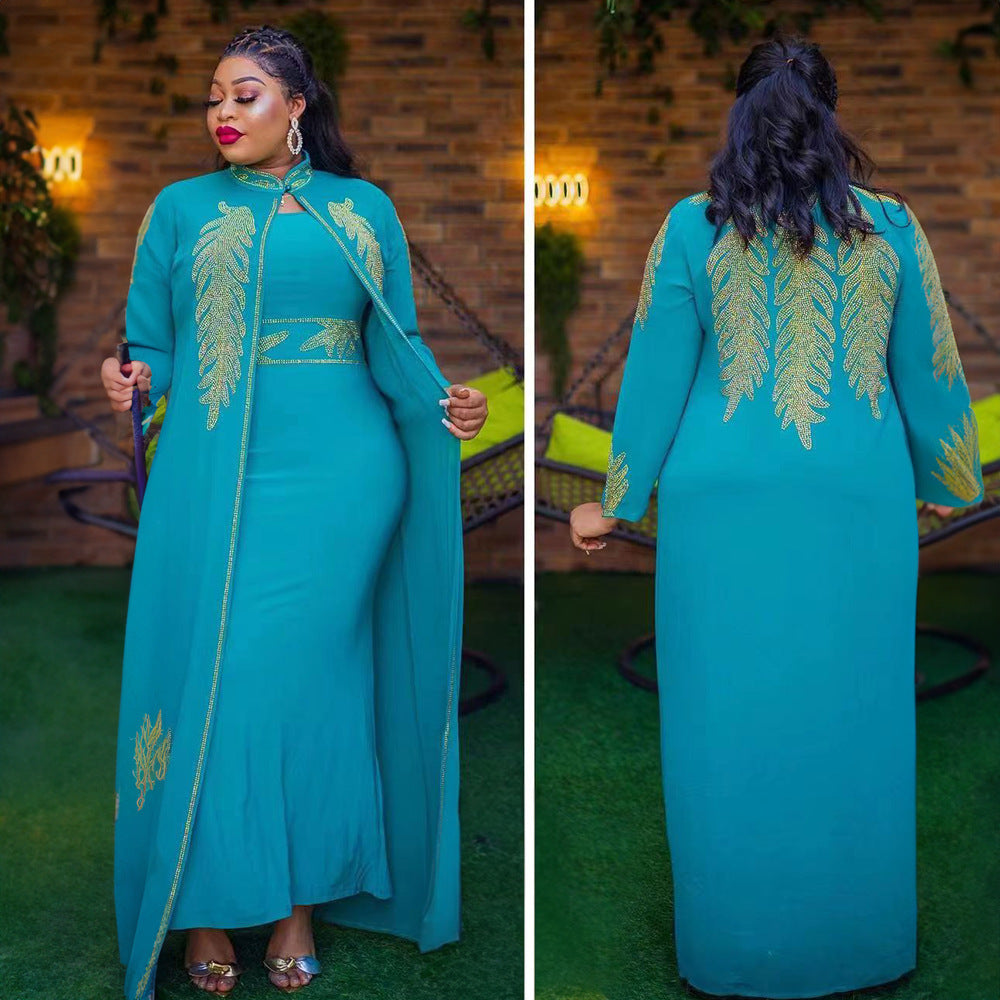 African Dress 2-Piece Set with Expensive Front and Back Rhinestones, Stand Collar, Long Sleeves, Solid Color Cardigan