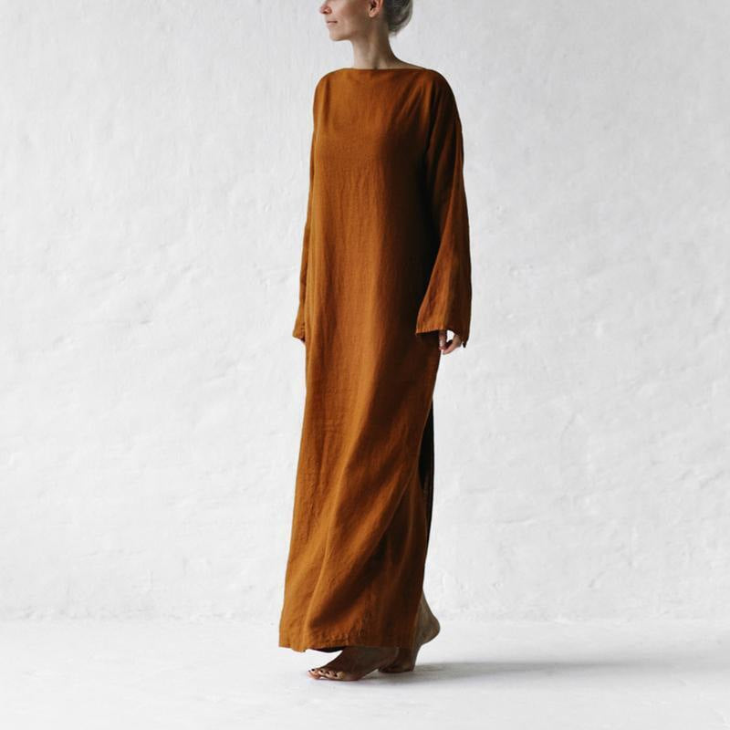 2023 new cotton and linen dress long sleeve off-neck lace-up dress