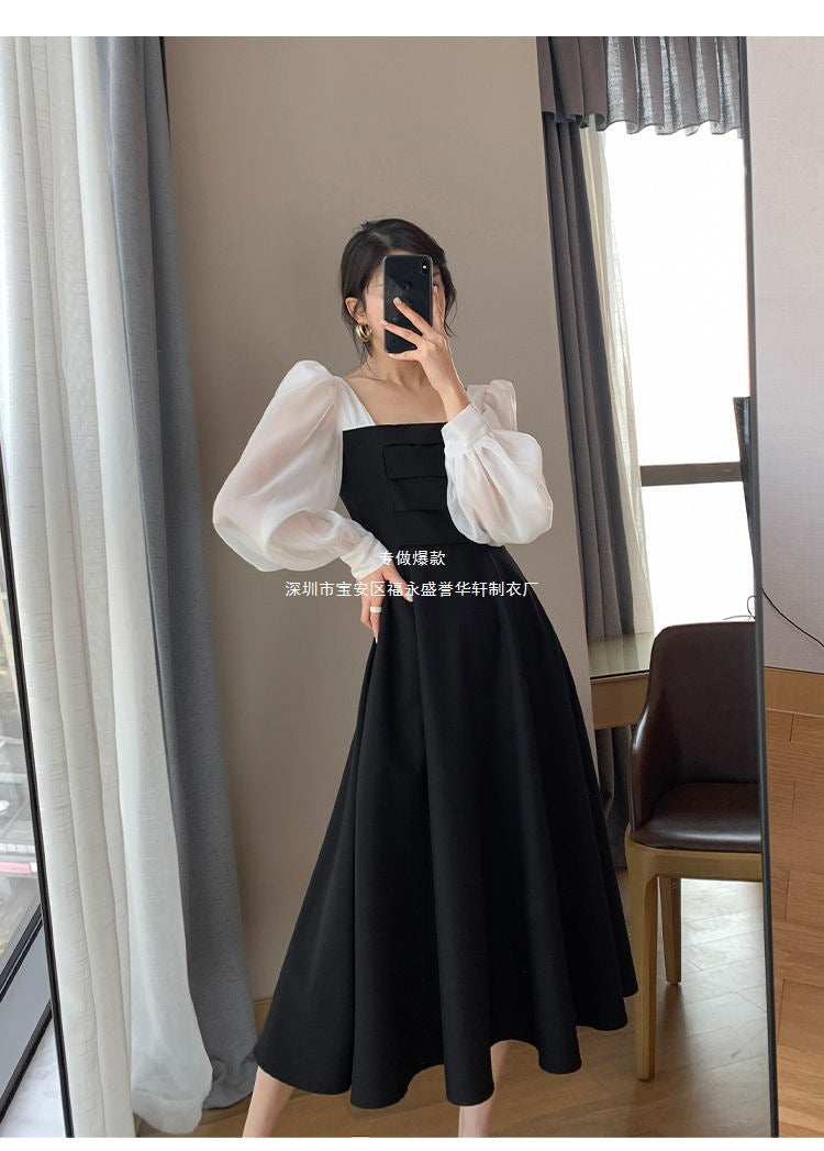 Long-sleeved Black Fried Street Hao Benfeng dress Women's New Spring and Autumn Stitching Square Collar French Skirt Vintage A- line Skirt