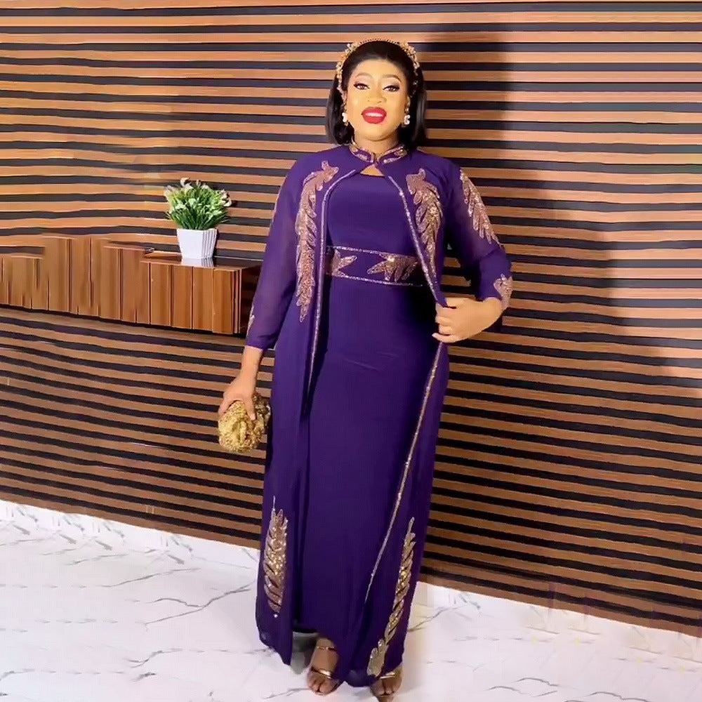 African Dress 2-Piece Set with Expensive Front and Back Rhinestones, Stand Collar, Long Sleeves, Solid Color Cardigan