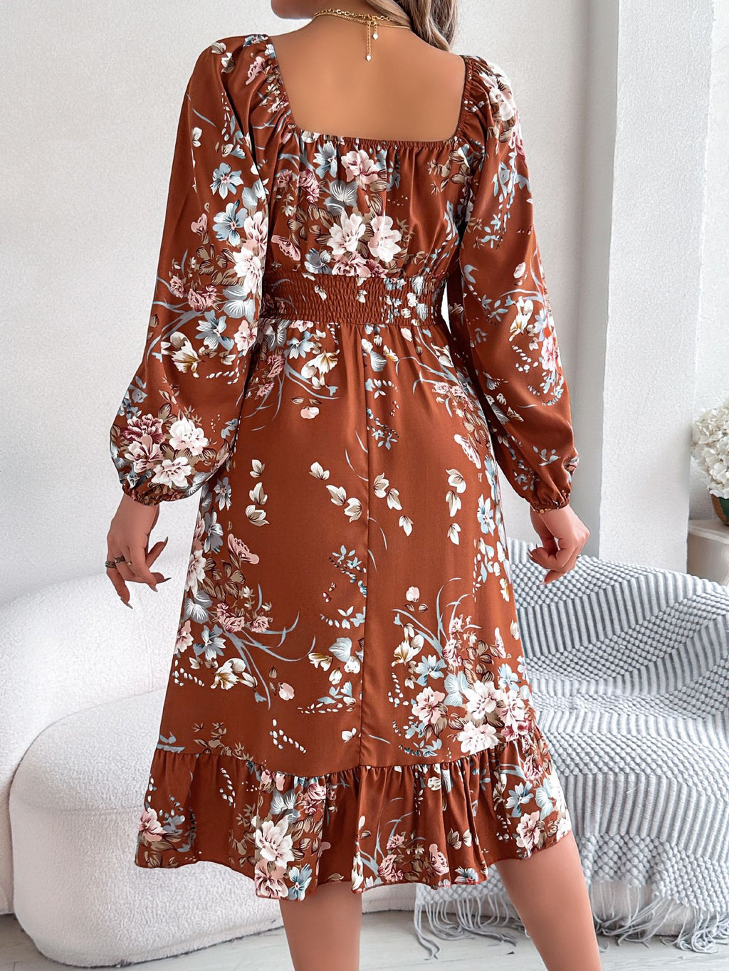 Real shot spring and summer European and American elegant flower square collar long sleeve waist ruffled A- line skirt independent station cross-border women's clothing