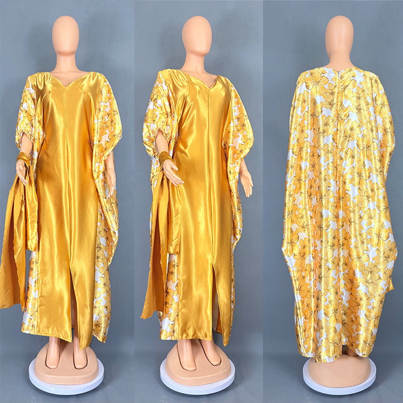 Cross-Border Aliexpress Plus-Size Women's Ethnic Style Robe African Amazon Color-Blocking Printed Dress 9038
