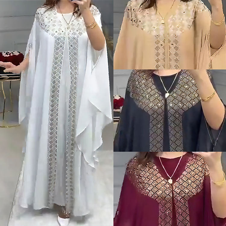 Cross-Border African, European, and American Dresses, Robes, Pearl Chiffon, Heavy-Duty Rhinestone Embellishments, Factory Direct + Inner Skirt
