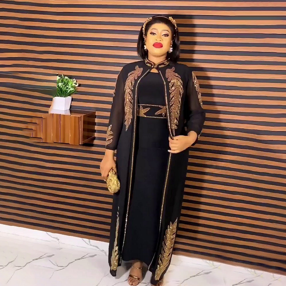 African Dress 2-Piece Set with Expensive Front and Back Rhinestones, Stand Collar, Long Sleeves, Solid Color Cardigan