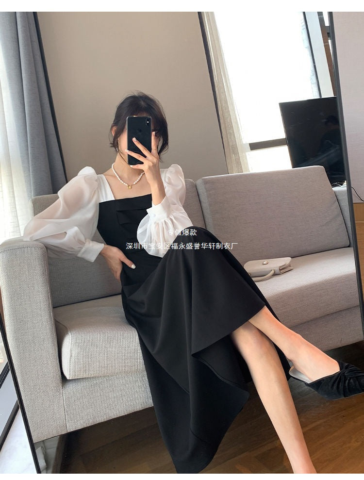 Long-sleeved Black Fried Street Hao Benfeng dress Women's New Spring and Autumn Stitching Square Collar French Skirt Vintage A- line Skirt