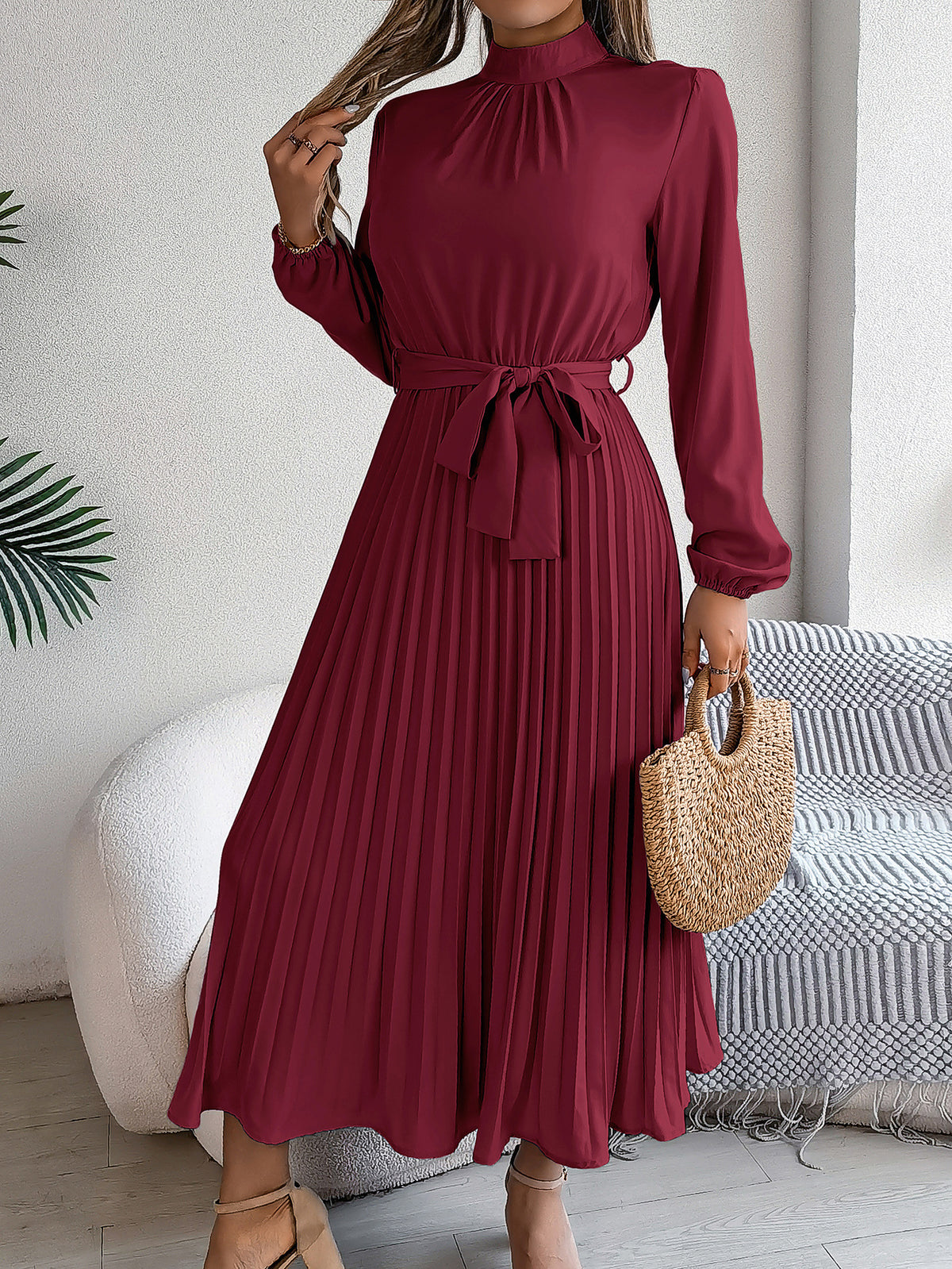 2026 European and American Spring/Summer Elegant Stand Collar Long Sleeve Waist-Cinched Pleated Long Dress Mini Dress Amazon Cross-Border Women's Clothing