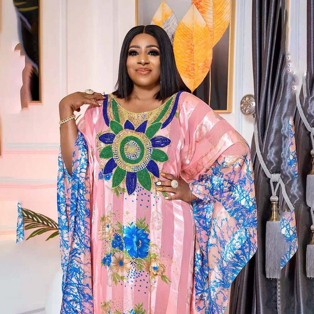 Cross-border AliExpress Independent Station African Ethnic Style Large Swing Dress Chiffon Hot Drilling Beads with Elastic Inner Skirt