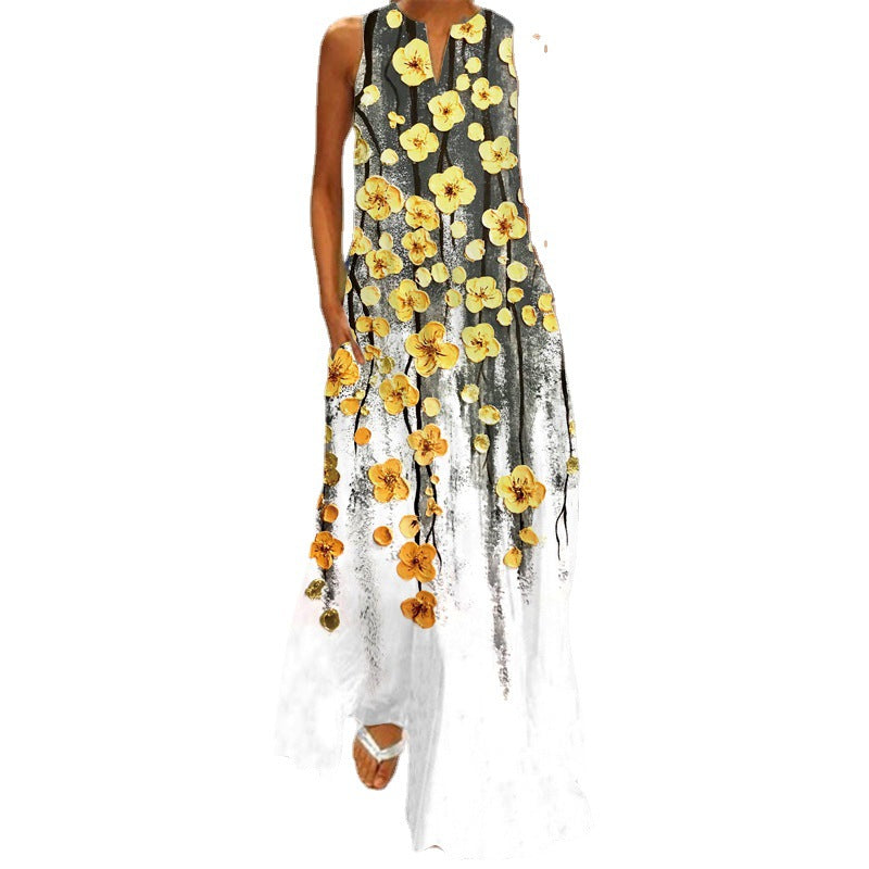 2026 Summer Independent Brand New European and American Retro Print Long Dress V-Neck Multi-Color Long Sexy Sleeveless Dress