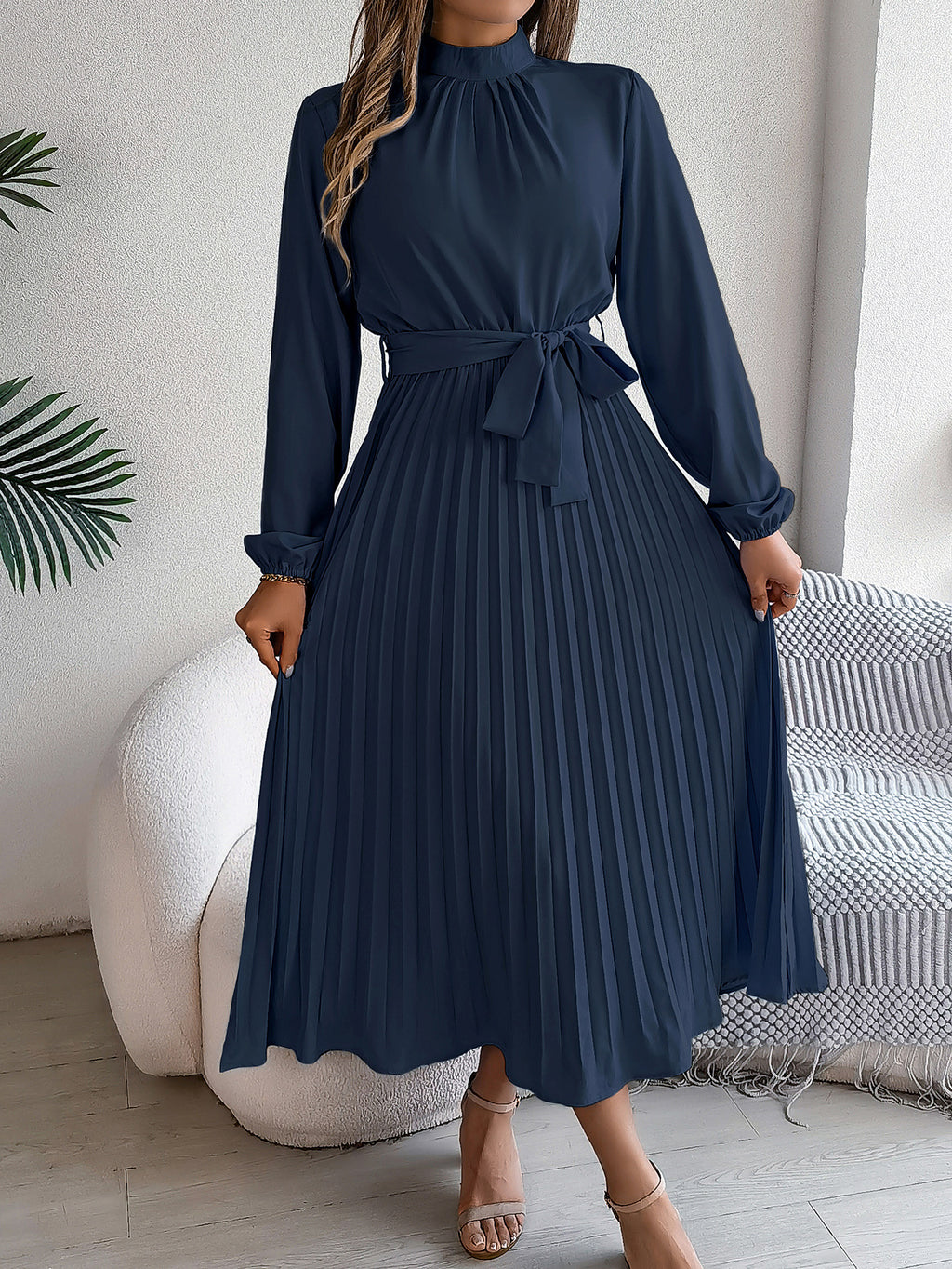 2026 European and American Spring/Summer Elegant Stand Collar Long Sleeve Waist-Cinched Pleated Long Dress Mini Dress Amazon Cross-Border Women's Clothing