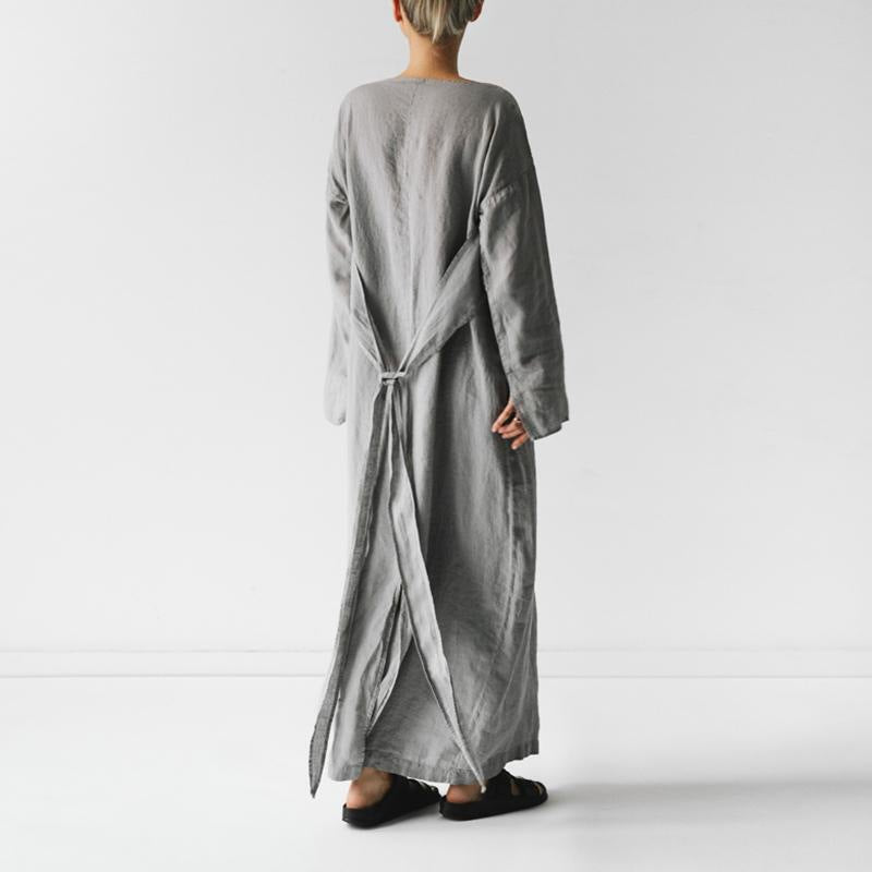 2023 new cotton and linen dress long sleeve off-neck lace-up dress