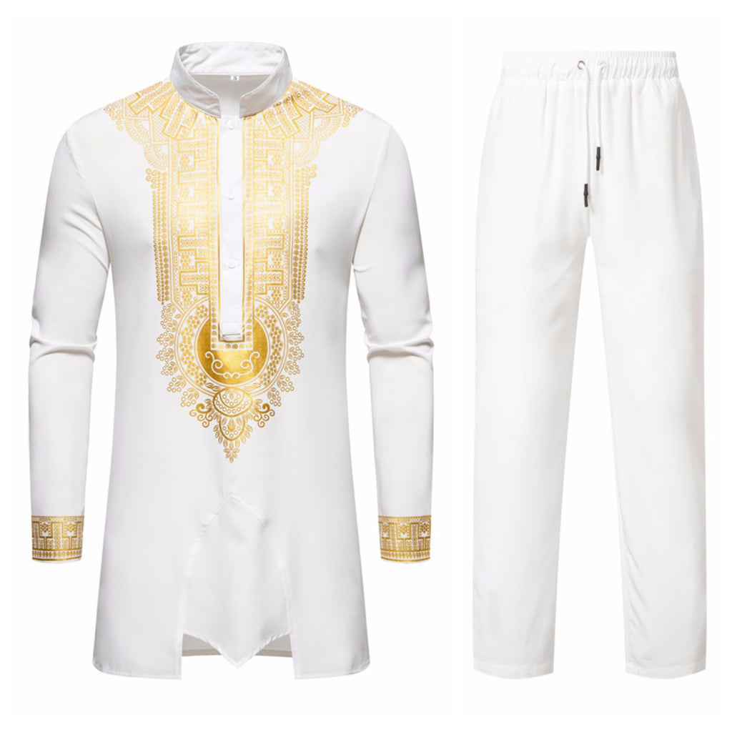 Foreign Trade Cross-border Men's Shirt suit Collar Bronzing Print Long-sleeved Shirt Trousers African-style Casual Shirt for Men