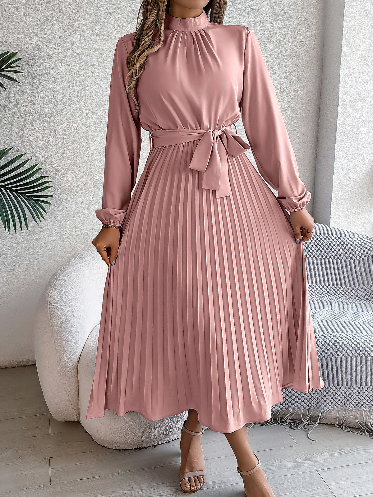 2026 European and American Spring/Summer Elegant Stand Collar Long Sleeve Waist-Cinched Pleated Long Dress Mini Dress Amazon Cross-Border Women's Clothing
