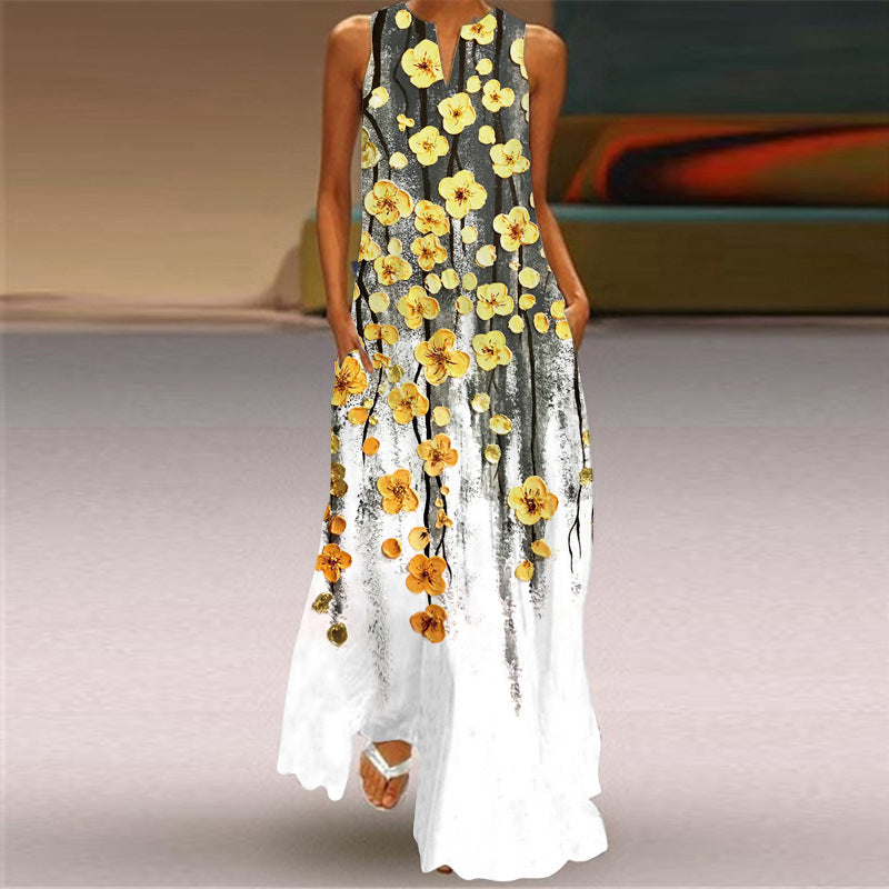 2026 Summer Independent Brand New European and American Retro Print Long Dress V-Neck Multi-Color Long Sexy Sleeveless Dress