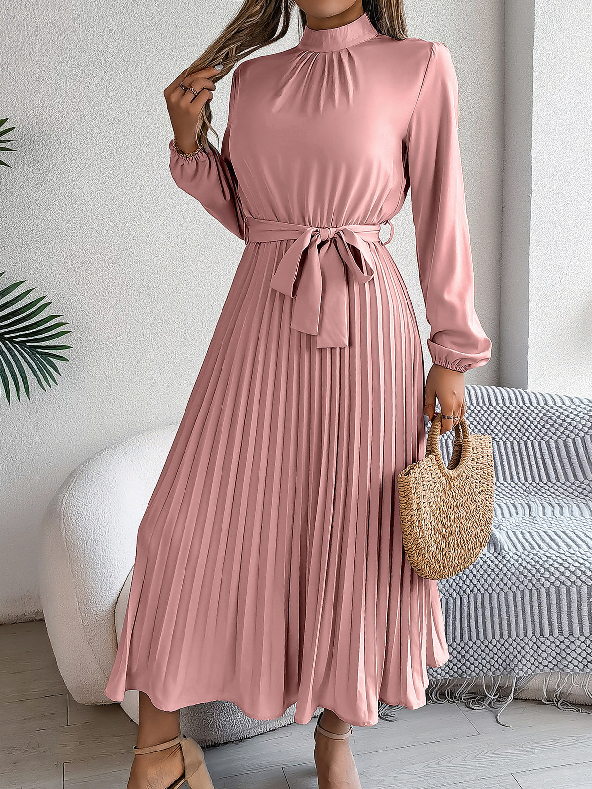 2026 European and American Spring/Summer Elegant Stand Collar Long Sleeve Waist-Cinched Pleated Long Dress Mini Dress Amazon Cross-Border Women's Clothing