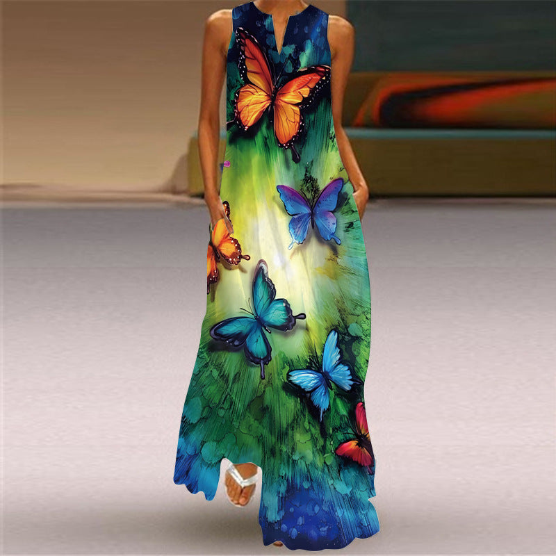 2026 Summer Independent Brand New European and American Retro Print Long Dress V-Neck Multi-Color Long Sexy Sleeveless Dress