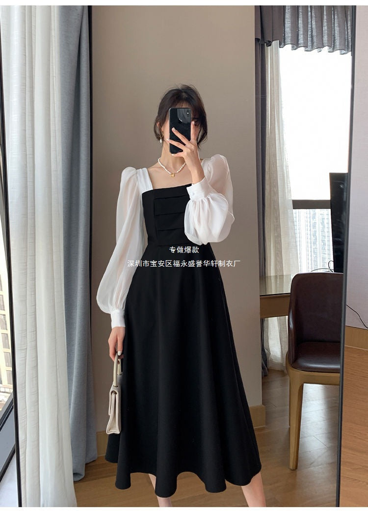 Long-sleeved Black Fried Street Hao Benfeng dress Women's New Spring and Autumn Stitching Square Collar French Skirt Vintage A- line Skirt