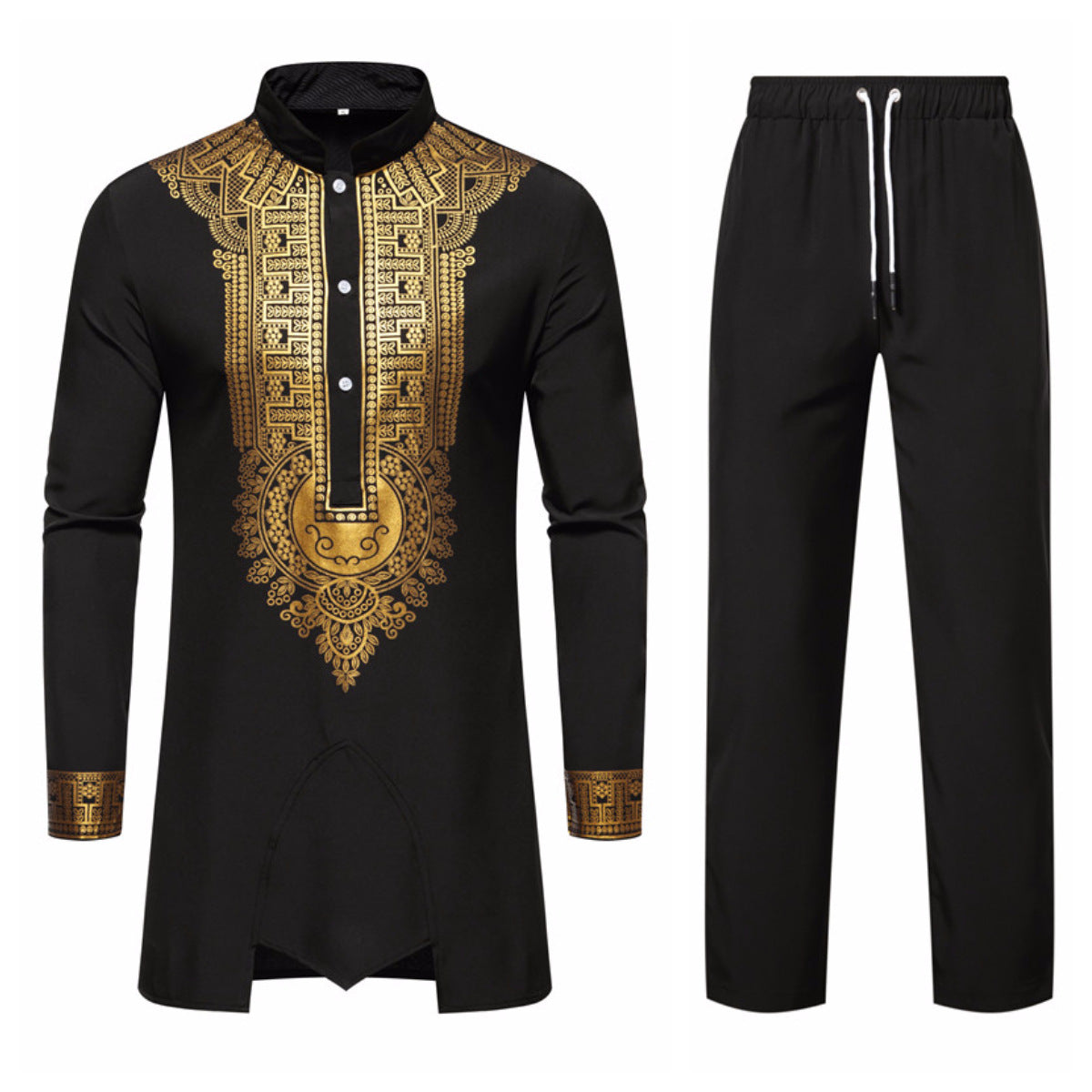 Foreign Trade Cross-border Men's Shirt suit Collar Bronzing Print Long-sleeved Shirt Trousers African-style Casual Shirt for Men