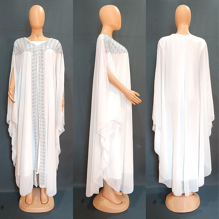 Cross-Border African, European, and American Dresses, Robes, Pearl Chiffon, Heavy-Duty Rhinestone Embellishments, Factory Direct + Inner Skirt