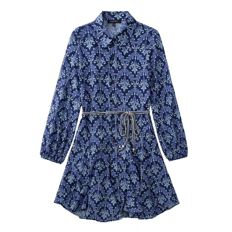 Cross-Border Wholesale Foreign Trade European and American Women's Clothing 2022 Summer Lace-Up Printed Long-Sleeved Shirt-Style Dress European and American Style