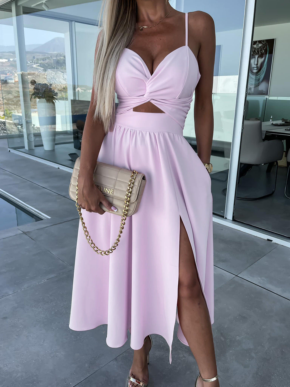 Europe and the United States cross-border foreign trade new women's Amazon suspenders V-neck large pendulum dress slim-fit backless mid-length dress