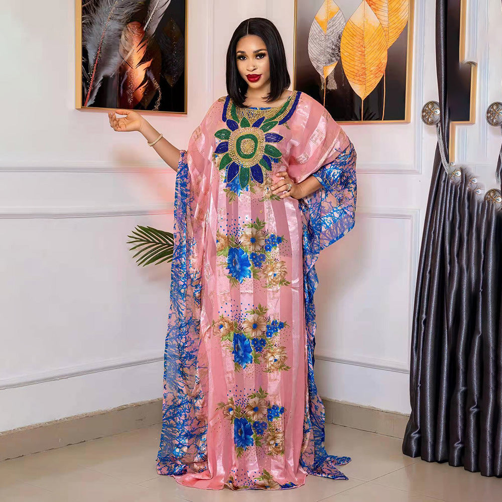 Cross-border AliExpress Independent Station African Ethnic Style Large Swing Dress Chiffon Hot Drilling Beads with Elastic Inner Skirt