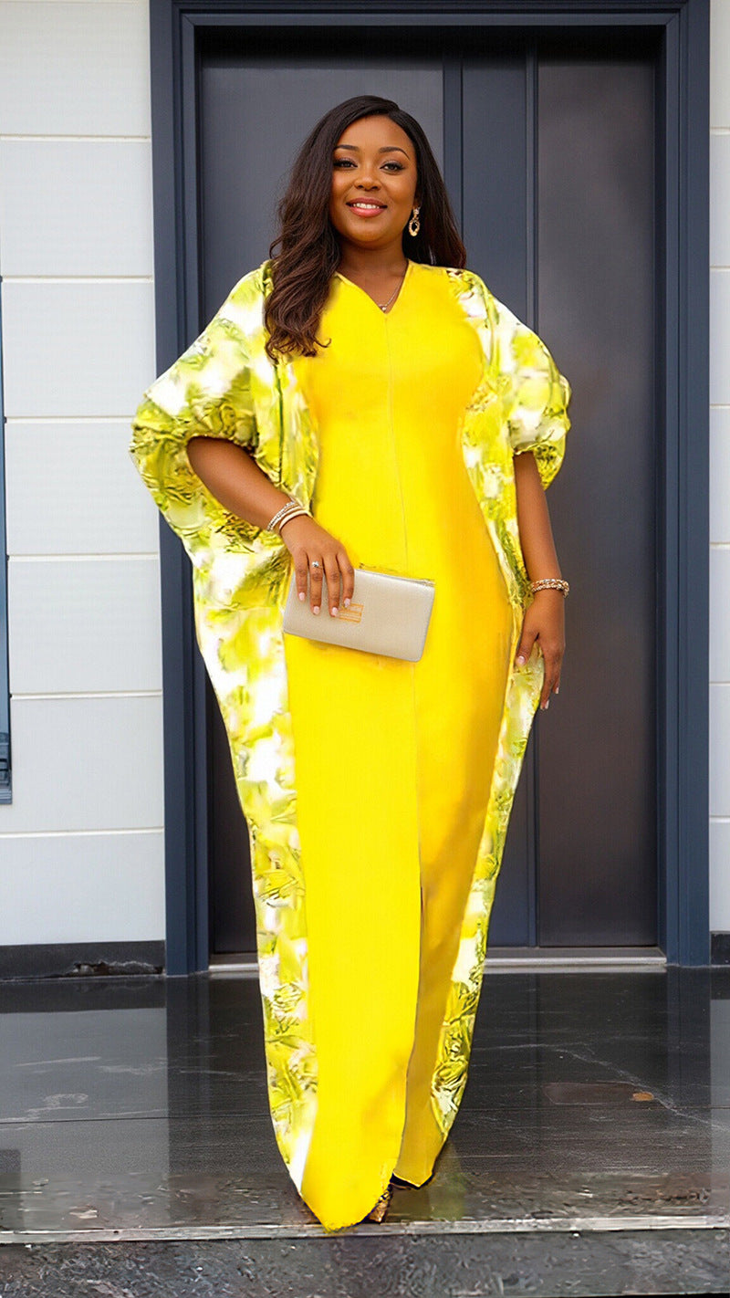 Cross-Border Aliexpress Plus-Size Women's Ethnic Style Robe African Amazon Color-Blocking Printed Dress 9038