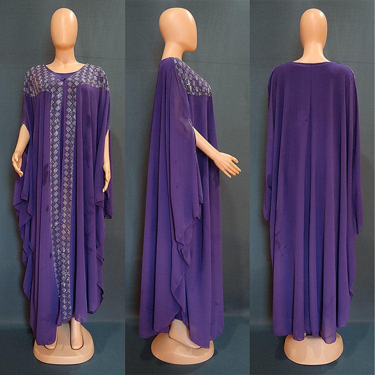 Cross-Border African, European, and American Dresses, Robes, Pearl Chiffon, Heavy-Duty Rhinestone Embellishments, Factory Direct + Inner Skirt