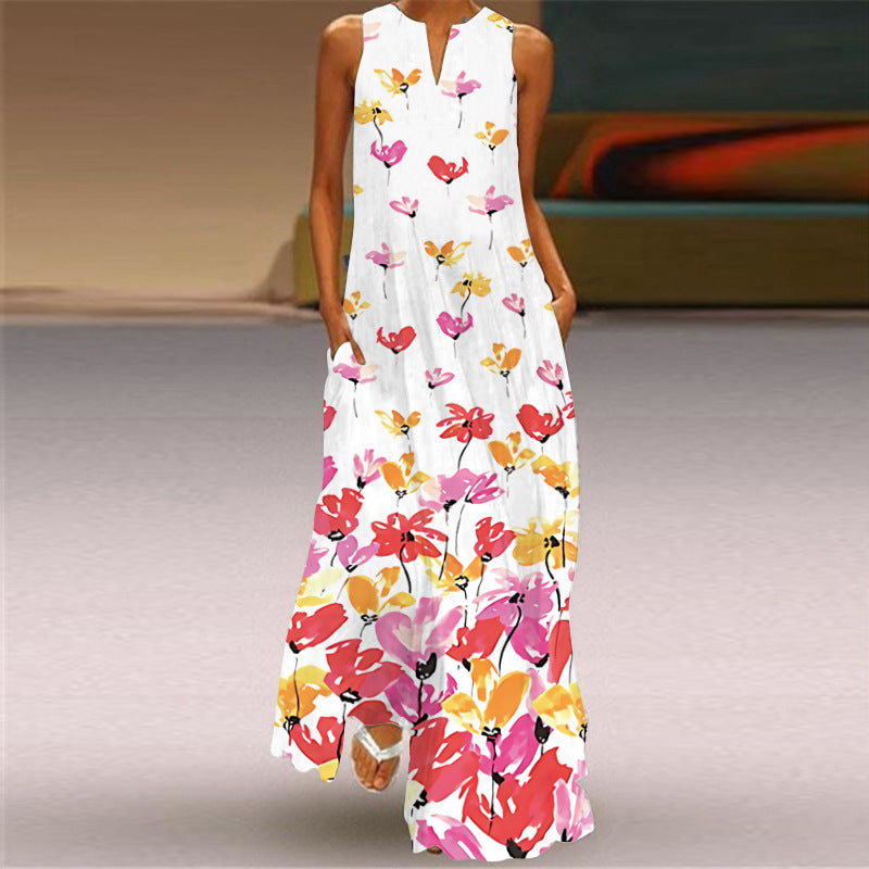 2026 New Summer Women's Sleeveless Long Dress V-Neck Floral Print Dress European and American Cross-Border Foreign Trade Women's Clothing