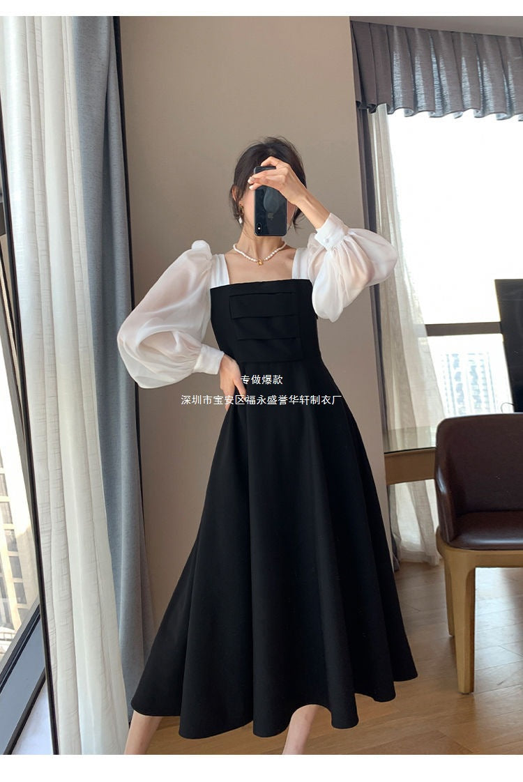 Long-sleeved Black Fried Street Hao Benfeng dress Women's New Spring and Autumn Stitching Square Collar French Skirt Vintage A- line Skirt
