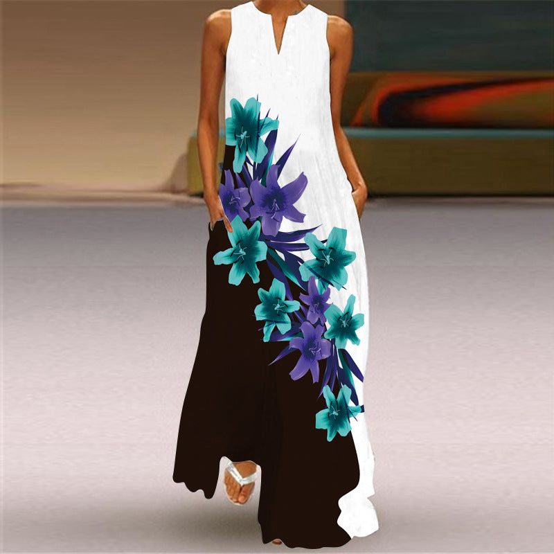2026 Summer Independent Brand New European and American Retro Print Long Dress V-Neck Multi-Color Long Sexy Sleeveless Dress