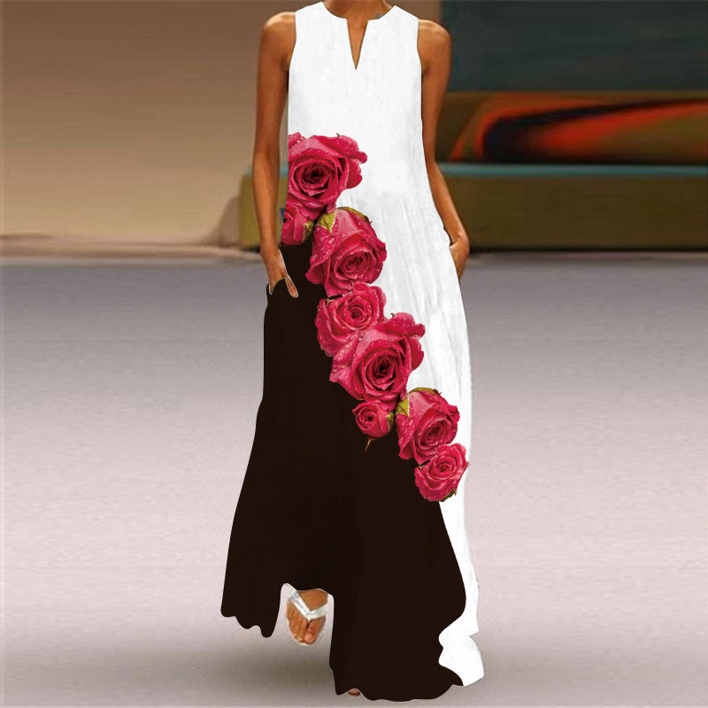 2026 New Summer Women's Sleeveless Long Dress V-Neck Floral Print Dress European and American Cross-Border Foreign Trade Women's Clothing