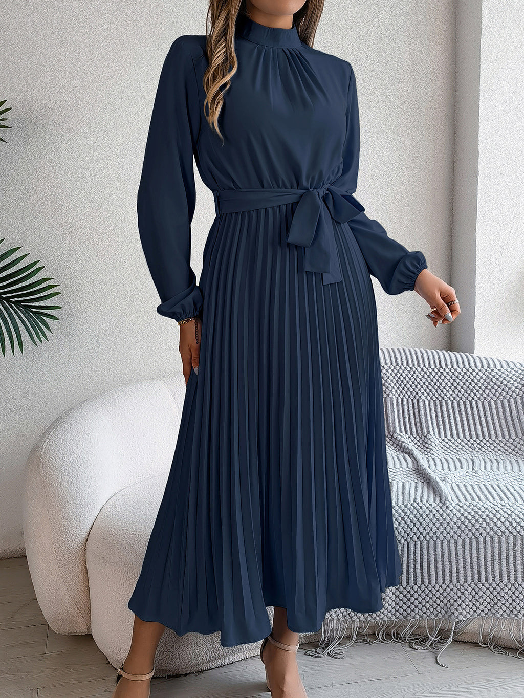 2026 European and American Spring/Summer Elegant Stand Collar Long Sleeve Waist-Cinched Pleated Long Dress Mini Dress Amazon Cross-Border Women's Clothing
