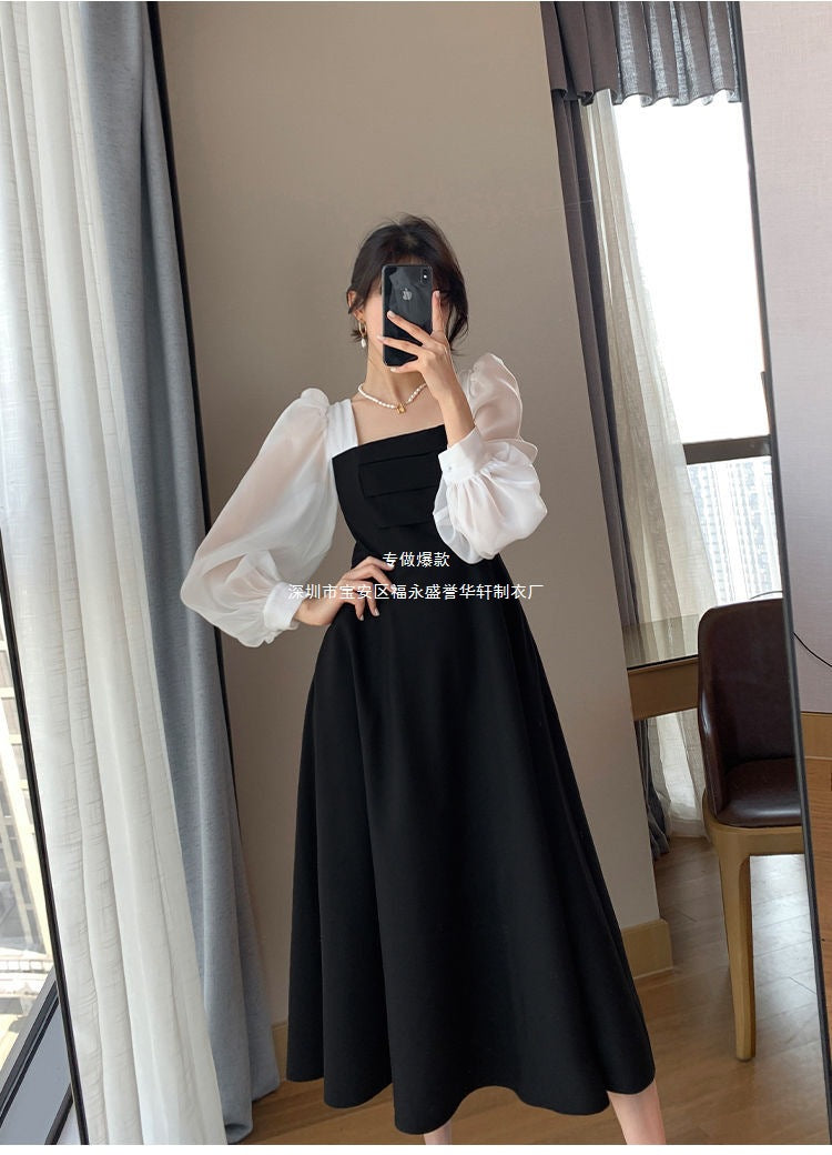 Long-sleeved Black Fried Street Hao Benfeng dress Women's New Spring and Autumn Stitching Square Collar French Skirt Vintage A- line Skirt