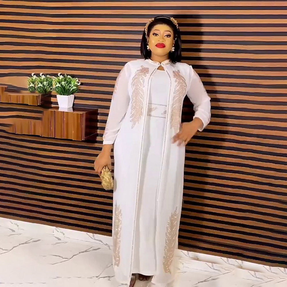 African Dress 2-Piece Set with Expensive Front and Back Rhinestones, Stand Collar, Long Sleeves, Solid Color Cardigan