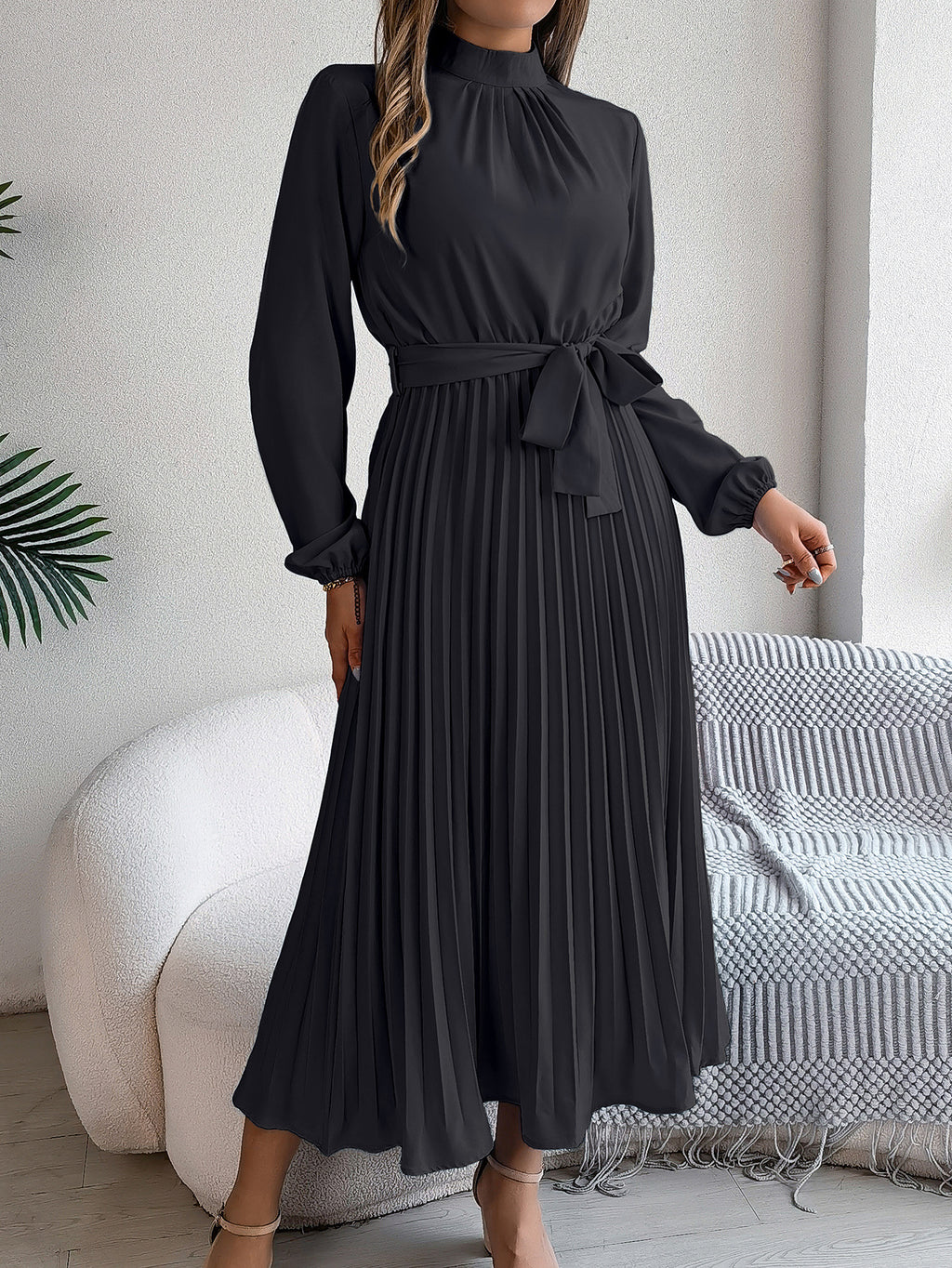 2026 European and American Spring/Summer Elegant Stand Collar Long Sleeve Waist-Cinched Pleated Long Dress Mini Dress Amazon Cross-Border Women's Clothing