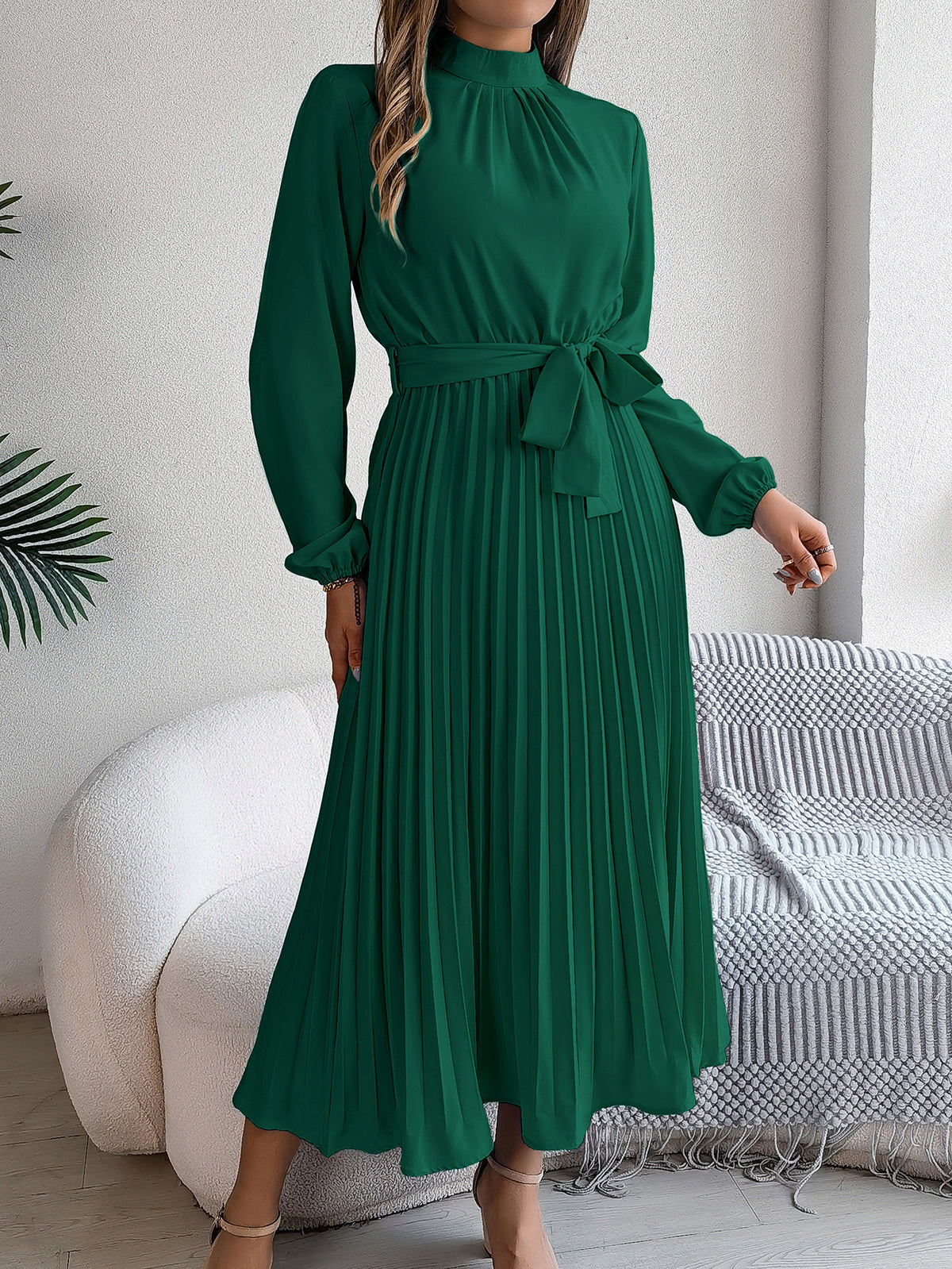 2026 European and American Spring/Summer Elegant Stand Collar Long Sleeve Waist-Cinched Pleated Long Dress Mini Dress Amazon Cross-Border Women's Clothing