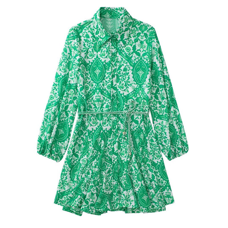 Cross-Border Wholesale Foreign Trade European and American Women's Clothing 2022 Summer Lace-Up Printed Long-Sleeved Shirt-Style Dress European and American Style